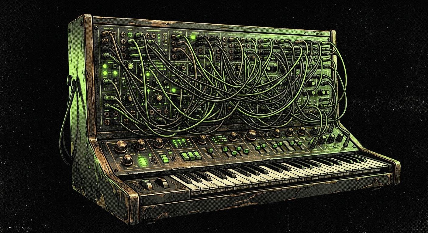Illustration of a vintage synthesizer with a patch bay full of cables, in phosphor green and bronze